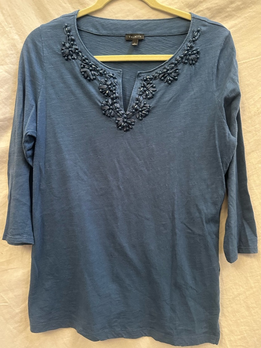 Talbots Navy Blue Beaded Floral 3/4 sleeve Top - Picture 2 of 8